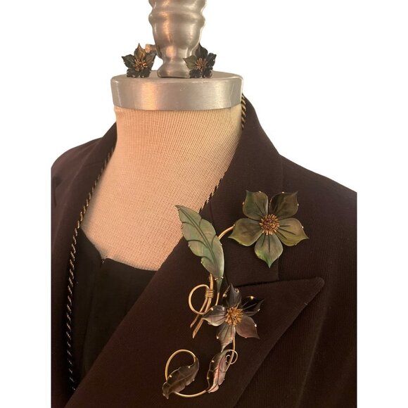Ocean Treasure Vintage Brooch With Clip-on Earrings Mother-of-Pearl Floral Green - Picture 7 of 11